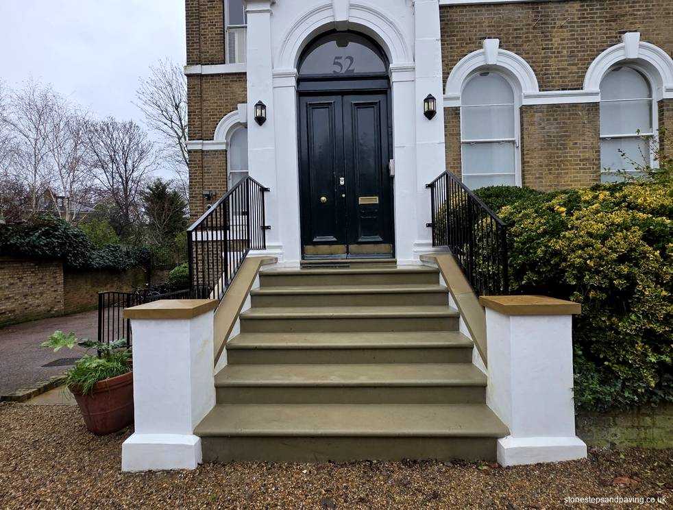 Restoration and buff Yorkstone overlay of a Victorian entrance staircase at Aberdeen Park, Highbury N5, a conservation area in Islington, by Stone Steps and Paving. Restoration and buff Yorkstone overlay of a Victorian entrance staircase at Aberdeen Park, Highbury N5, a conservation area in Islington, by Stone Steps and Paving.