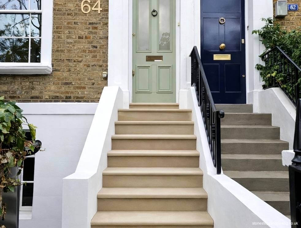 New buff Yorkstone entrance steps at a Victorian townhouse on Malvern Road, Hackney E8, by Stone Steps and Paving. New buff Yorkstone entrance steps at a Victorian townhouse on Malvern Road, Hackney E8, by Stone Steps and Paving.