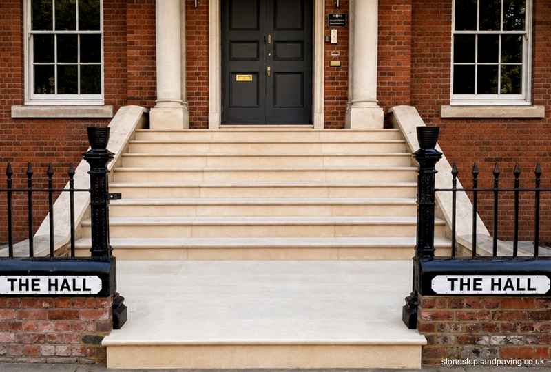 New exterior stone steps at the main entrance of The Hall School on Crossfield Road in Belsize Park